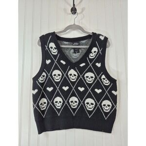 Social Collision Skull Heart Argyle Knit Sweater Vest Black White Goth XL